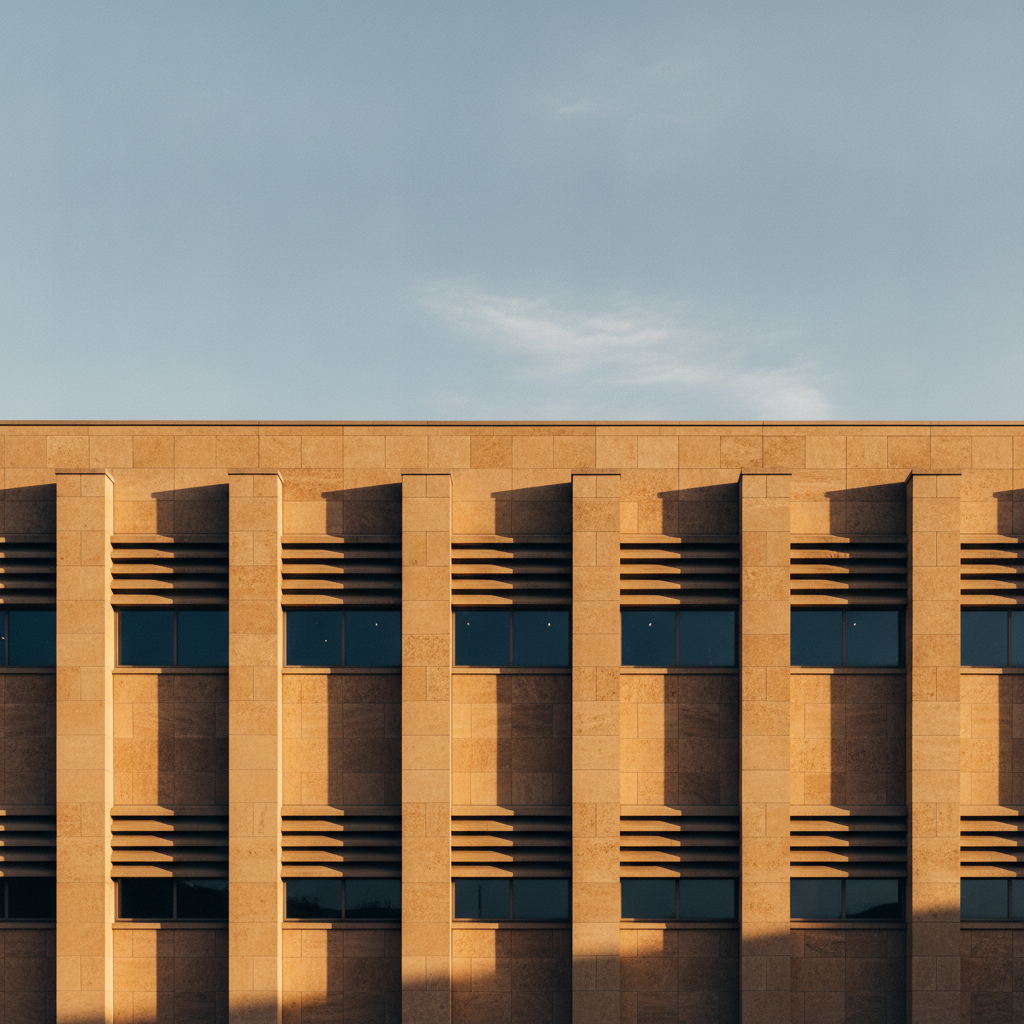 Modern architectural facade in warm stone and deep shadow